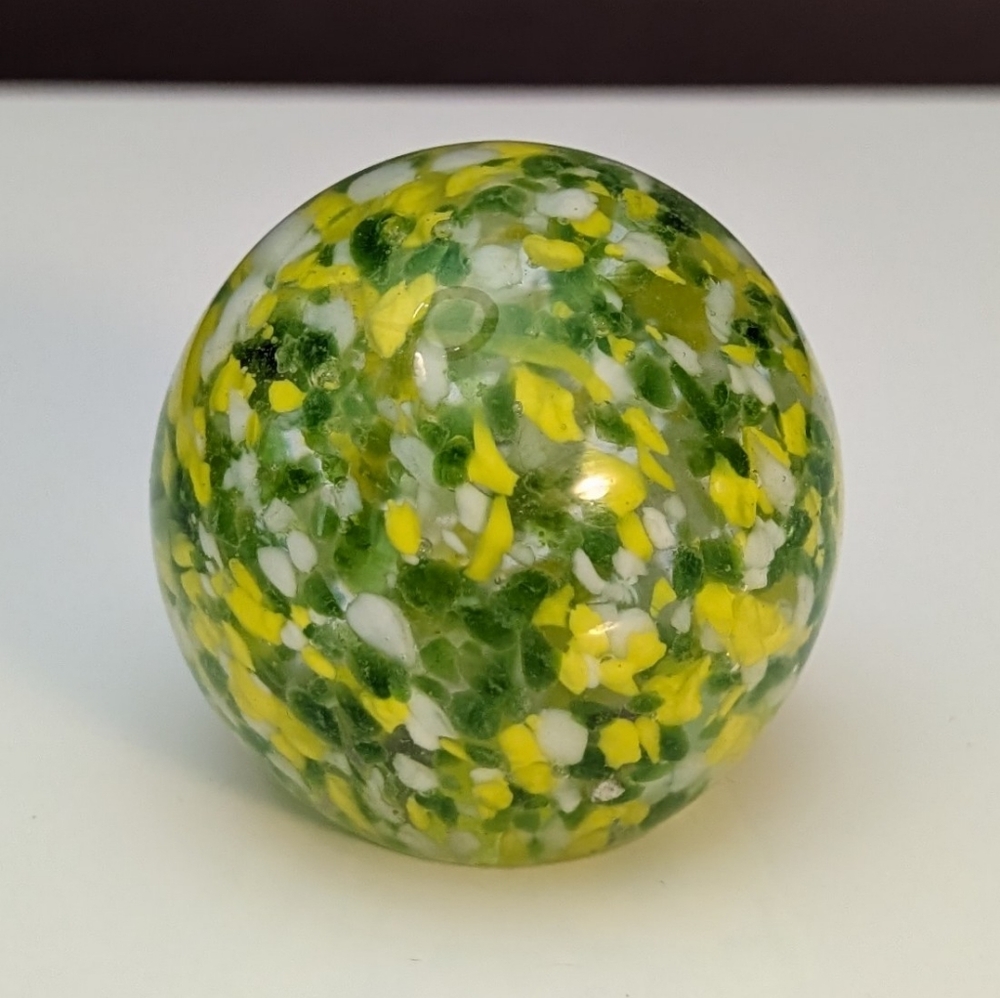 Green, White and Yellow Speckled Confetti Art Glass Paperweight